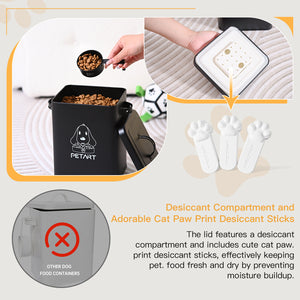 Contenedor de comida para perros con pelota de juguete, recipientes metálicos para comida de mascotas, contenedor de comida para gatos con cuchara y desecante.