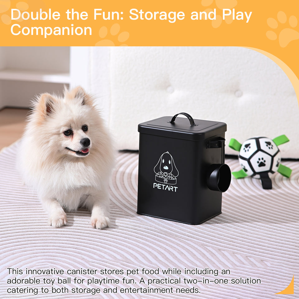 Contenedor de comida para perros con pelota de juguete, recipientes metálicos para comida de mascotas, contenedor de comida para gatos con cuchara y desecante.