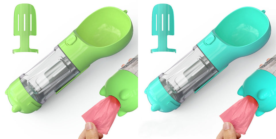 Botella de agua para mascotas, comedero, bolsa de basura, almacenamiento, portátil, para viajes al aire libre, 3 en 1