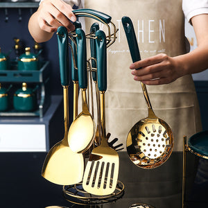 Juego de 7 utensilios de cocina de silicona y acero inoxidable con espátula ranurada, cucharón, cuchara para servir pasta y juego de cocina.