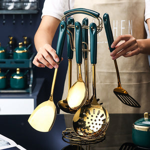 Juego de 7 utensilios de cocina de silicona y acero inoxidable con espátula ranurada, cucharón, cuchara para servir pasta y juego de cocina.