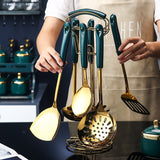 Juego de 7 utensilios de cocina de silicona y acero inoxidable con espátula ranurada, cucharón, cuchara para servir pasta y juego de cocina.
