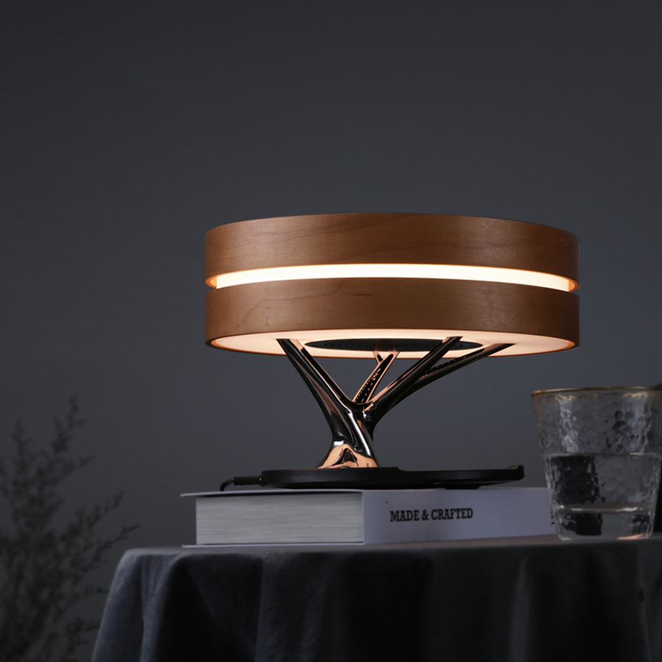 Lámpara de cama con altavoz Bluetooth, música inteligente, redonda, WiFi, árbol de luz LED circular, carga inalámbrica para sala de estar