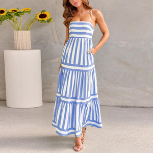 Vestido largo de verano con estampado de rayas y tirantes, con bolsillos, cuello cuadrado, sin espalda, para vacaciones en la playa, ropa de mujer