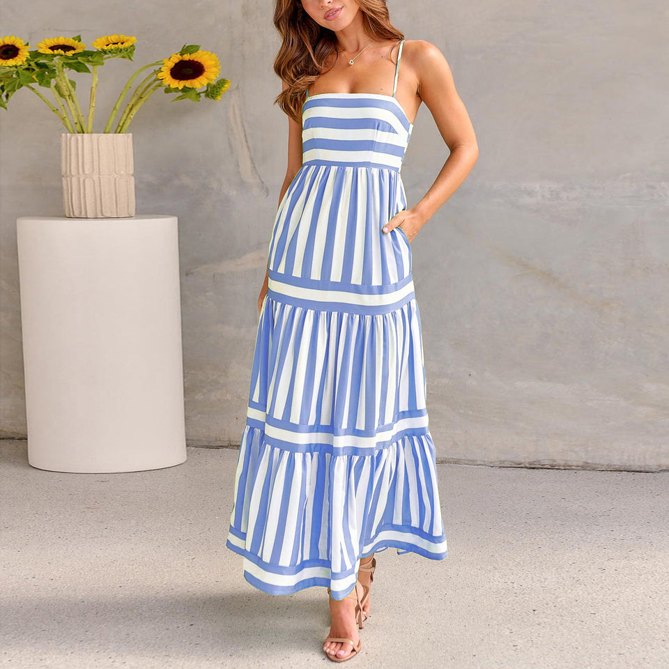 Vestido largo de verano con estampado de rayas y tirantes, con bolsillos, cuello cuadrado, sin espalda, para vacaciones en la playa, ropa de mujer