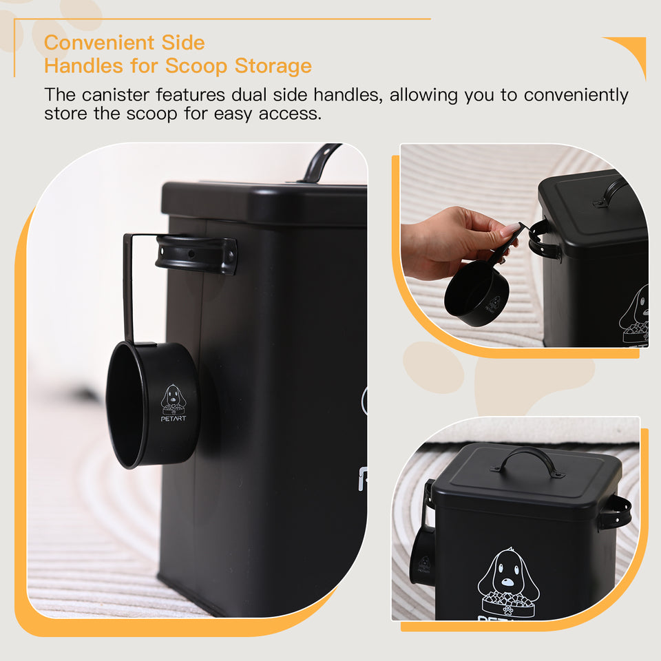 Contenedor de comida para perros con pelota de juguete, recipientes metálicos para comida de mascotas, contenedor de comida para gatos con cuchara y desecante.
