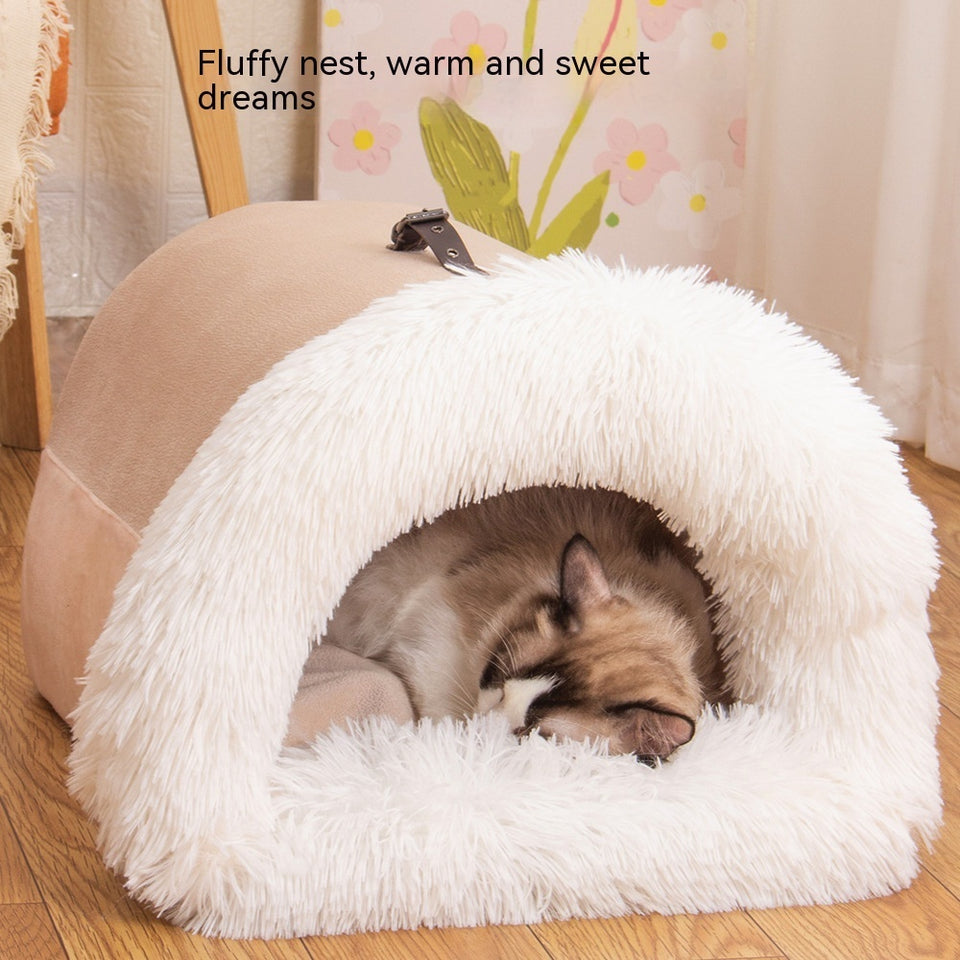 Nuevo nido portátil para mascotas, cálido y resistente a la humedad, para otoño e invierno, para gatos de pelo largo, con borde cruzado.