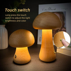 Lámpara de noche LED con forma de hongo de madera con interruptor táctil para mesita de noche, dormitorio infantil, decoración del hogar