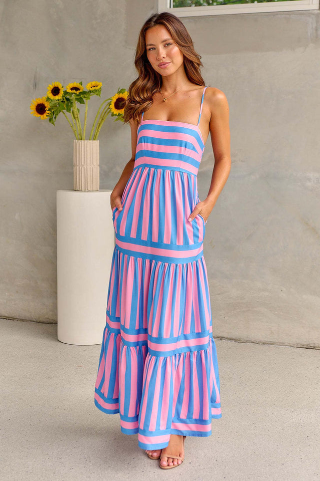 Vestido largo de verano con estampado de rayas y tirantes, con bolsillos, cuello cuadrado, sin espalda, para vacaciones en la playa, ropa de mujer