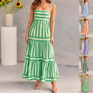 Vestido largo de verano con estampado de rayas y tirantes, con bolsillos, cuello cuadrado, sin espalda, para vacaciones en la playa, ropa de mujer