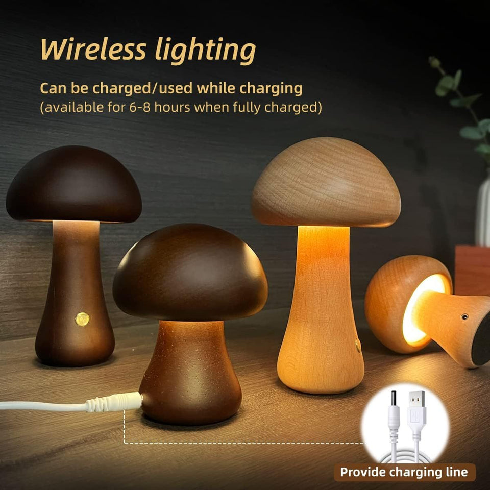 Lámpara de noche LED con forma de hongo de madera con interruptor táctil para mesita de noche, dormitorio infantil, decoración del hogar