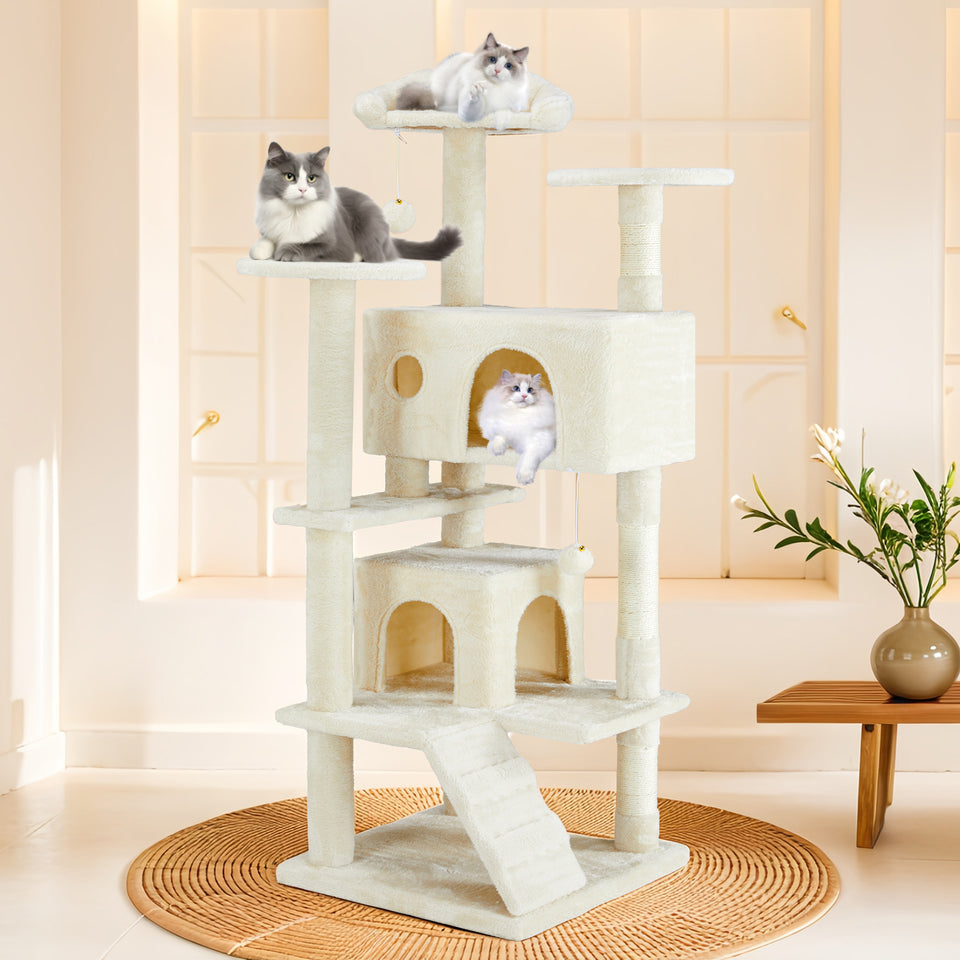 Casa de árbol multifuncional para gatos, estructura de escalada, zona de descanso y recreación, juguete desmontable, 137 cm, azul oscuro