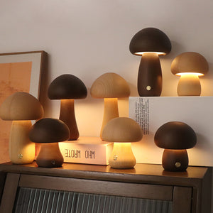 Lámpara de noche LED con forma de hongo de madera con interruptor táctil para mesita de noche, dormitorio infantil, decoración del hogar