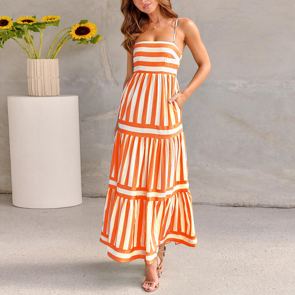 Vestido largo de verano con estampado de rayas y tirantes, con bolsillos, cuello cuadrado, sin espalda, para vacaciones en la playa, ropa de mujer