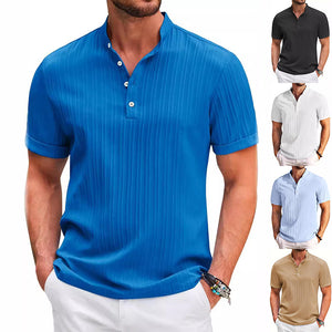 Camiseta de manga corta con botones y cuello alto de verano, polo a rayas de color liso, ropa informal de playa a la moda para hombre