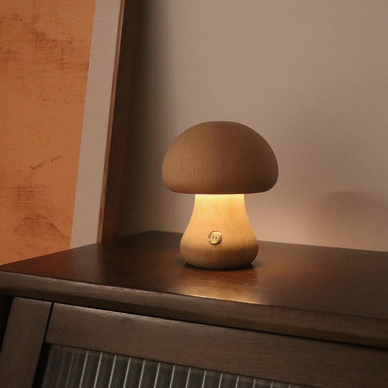 Lámpara de noche LED con forma de hongo de madera con interruptor táctil para mesita de noche, dormitorio infantil, decoración del hogar