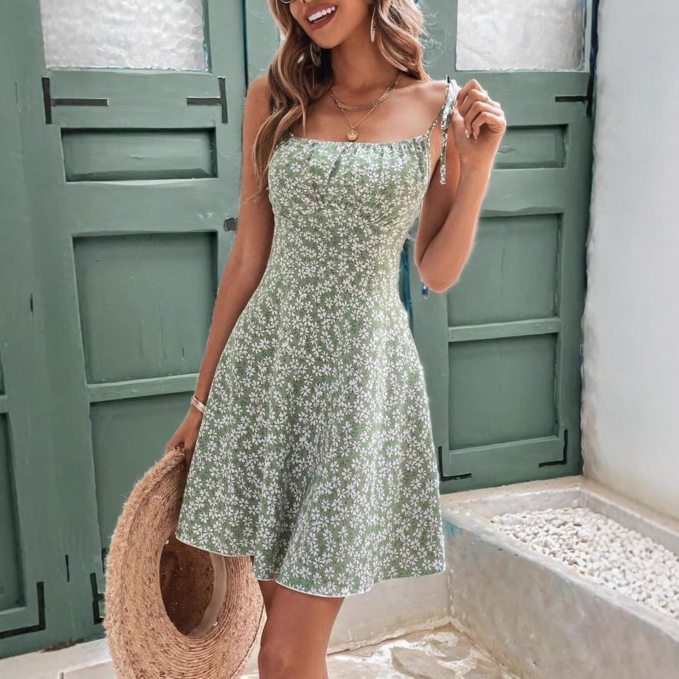 Vestido corto playero de verano con tirantes finos y estampado floral para mujer, vestidos de mujer, ropa de mujer, vestido de verano, novedad en vestidos