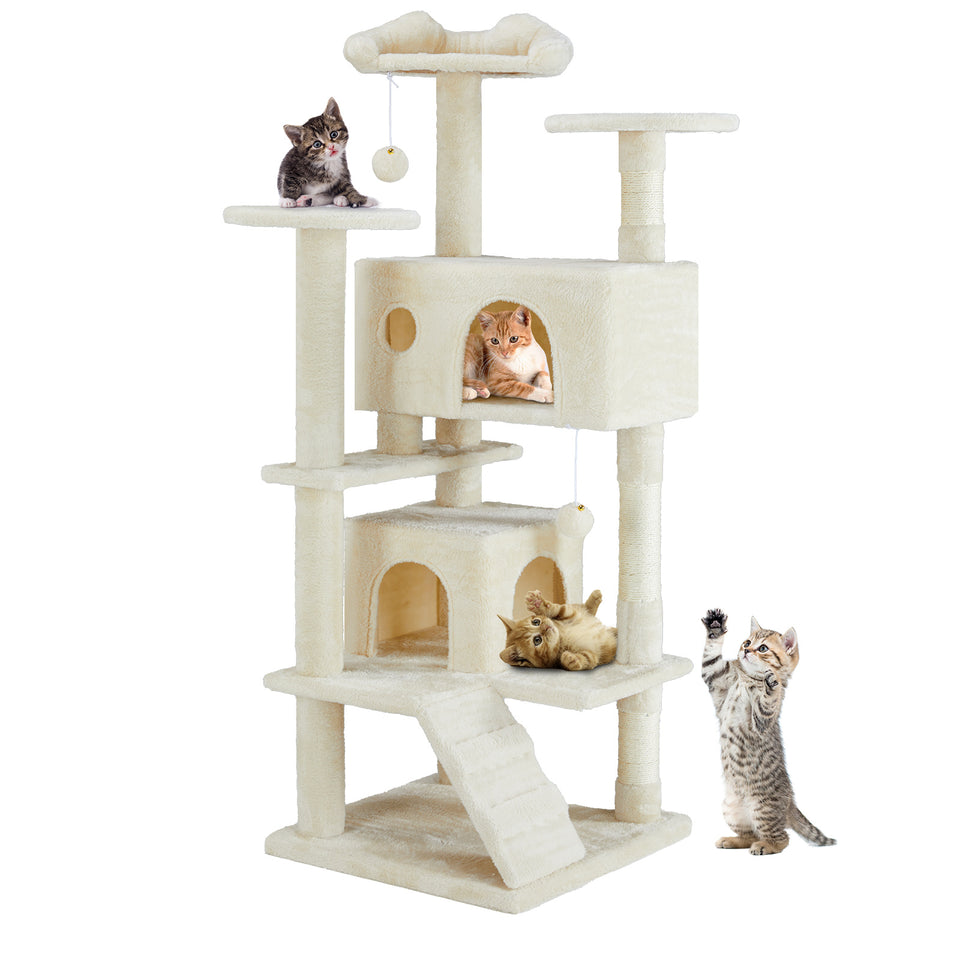 Casa de árbol multifuncional para gatos, estructura de escalada, zona de descanso y recreación, juguete desmontable, 137 cm, azul oscuro