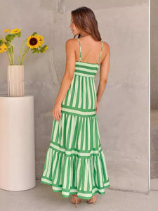 Vestido largo de verano con estampado de rayas y tirantes, con bolsillos, cuello cuadrado, sin espalda, para vacaciones en la playa, ropa de mujer