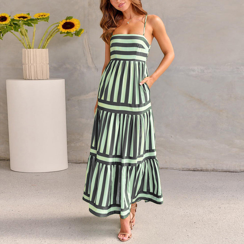 Vestido largo de verano con estampado de rayas y tirantes, con bolsillos, cuello cuadrado, sin espalda, para vacaciones en la playa, ropa de mujer