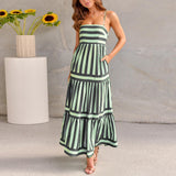 Vestido largo de verano con estampado de rayas y tirantes, con bolsillos, cuello cuadrado, sin espalda, para vacaciones en la playa, ropa de mujer