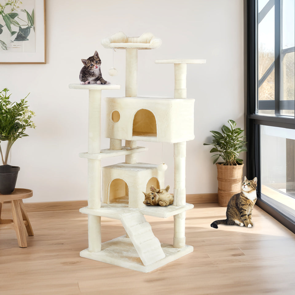 Casa de árbol multifuncional para gatos, estructura de escalada, zona de descanso y recreación, juguete desmontable, 137 cm, azul oscuro