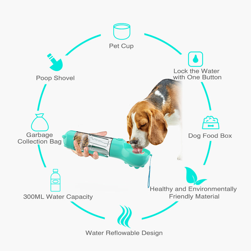 Botella de agua para mascotas, comedero, bolsa de basura, almacenamiento, portátil, para viajes al aire libre, 3 en 1