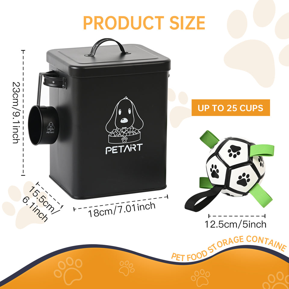 Contenedor de comida para perros con pelota de juguete, recipientes metálicos para comida de mascotas, contenedor de comida para gatos con cuchara y desecante.