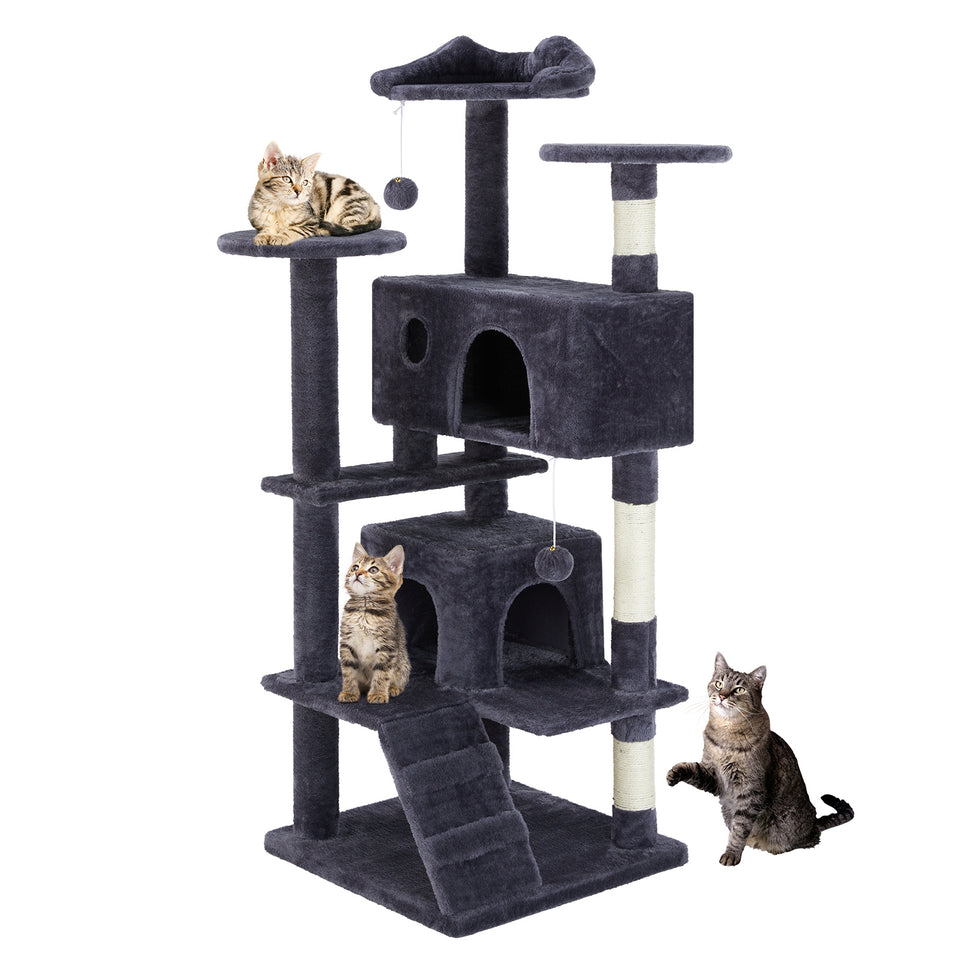 Casa de árbol multifuncional para gatos, estructura de escalada, zona de descanso y recreación, juguete desmontable, 137 cm, azul oscuro