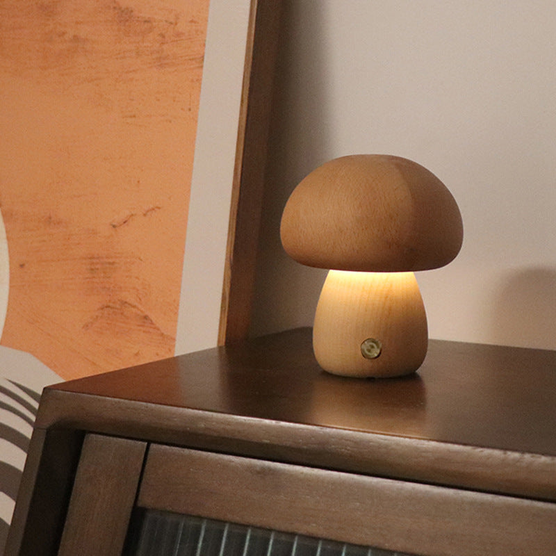 Lámpara de noche LED con forma de hongo de madera con interruptor táctil para mesita de noche, dormitorio infantil, decoración del hogar