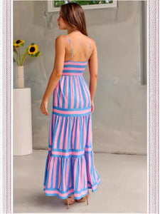 Vestido largo de verano con estampado de rayas y tirantes, con bolsillos, cuello cuadrado, sin espalda, para vacaciones en la playa, ropa de mujer