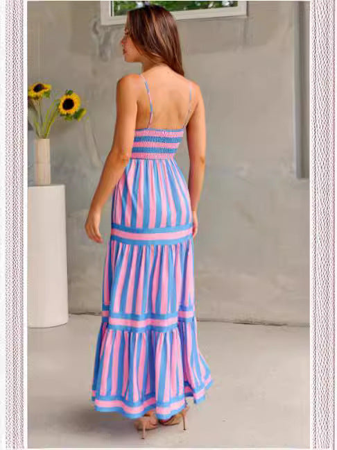 Vestido largo de verano con estampado de rayas y tirantes, con bolsillos, cuello cuadrado, sin espalda, para vacaciones en la playa, ropa de mujer